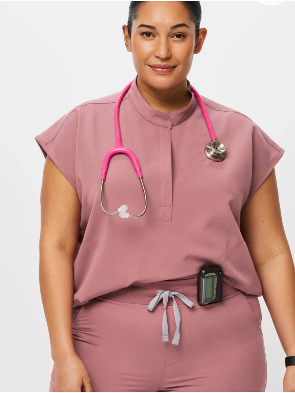 Figs Plus Size Rafaela Oversized Fit Scrub Top Mauve Pink 2XL Mandarin Collar